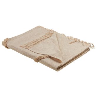 Beliani Manta De Algod&oacute;n Natural Beige Claro 130 X 180 Cm Hecho A Mano Flecos Jaunpur