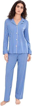 Lauren Ralph Lauren Knit Long Sleeve Notch Collar Long Pant Pj Set Womens Pajama Sets Blue Ground Pink Stripe : SM (US 4-6), Cotton/Viscose