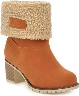Generic Womens Mid Block Heel Short Boots Pull on Fold-Over Winter Boots Round Toe Faux Suede Platform Boot,Orange,5.5 UK