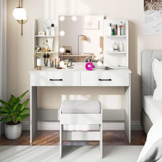 Costway Costway Modern Vanity Desk Set Dressing Table & Chair Set w/Mirror & Lights in White