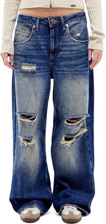 BDG Jaya Distressed Low Rise Wide Leg Jeans in Dark Vintage Blue at Nordstrom Rack, Size 24 X 32