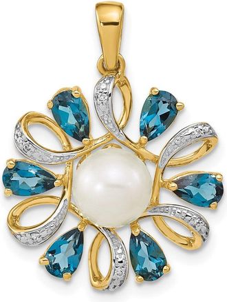 Diamond2Deal 14k Yellow Gold Freshwater Cultured Pearl & Blue Topaz Diamond Pendant
