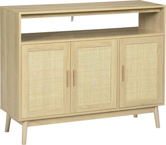 HOMCOM Homcom - Aparador De Cocina De Estilo Boho Mueble Buffet Auxiliar Con 3 Puertas De Rat&aacute;n Estantes Ajustables Y Patas De Madera Para Sal&oacute;n 120x40x97 Cm
