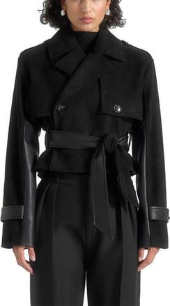 Mani&egrave;re De Voir Lelia Cropped Suede Trench Coat With Belt in Black at Nordstrom, Size Large
