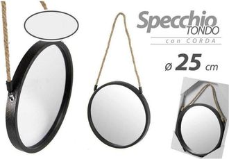 Trade Shop Trade Shop - Specchio 25 Cm Con Corda Specchiera Parete Tondo Moderno Nero In Metallo 777042