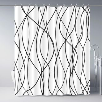 OEM Cortina De Ducha De 180x200, Cortina De Ducha De Tela A Rayas Negras Para Ba&ntilde;era, Cortina De Ba&ntilde;o Impermeable, Cortina De Ducha Blanca Con 12 Ganchos
