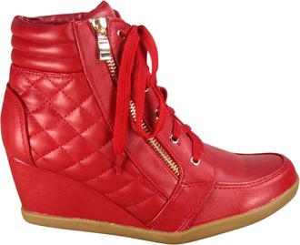 Forever Link Womens Fashion Glitter High Top Lace Up Wedge Sneaker Shoes, Red Pu, 5.5 UK