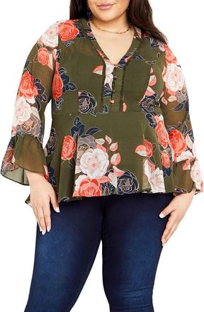 City Chic Mara Floral Print High-Low Peplum Top in Green Floral at Nordstrom