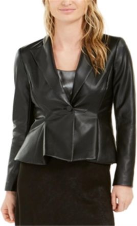Bar III Womens Faux Leather Peplum Jacket Black Size 6
