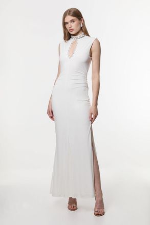Karen Millen Womens Embellished Jersey Crepe Maxi Dress - White - Size X-Small