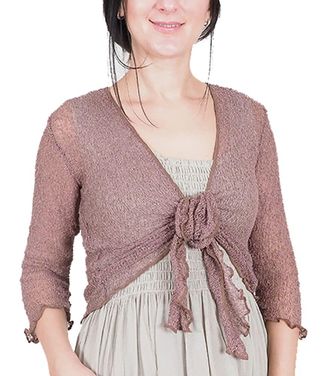 Mimosa Ladies Crochet Shrug Bolero Glitter or Plain Super Stretchy Lace Fish Net Tie at Waist Bolero Open Cardigan Fits UK 6-28