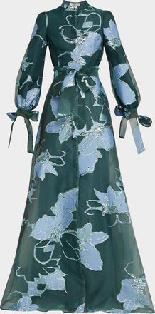 Teri Jon Floral Metallic Jacquard Shirt Gown