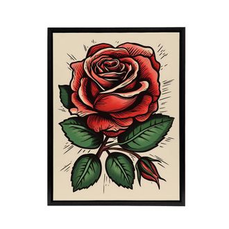 Artery8 Rose Flower Old School USA Rockabilly Tattoo Framed Canvas Wall Art Print in Red | Size: W24 x H32