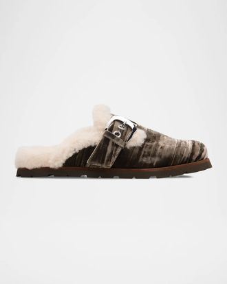 Stuart Weitzman Dara Shearling-Lined Suede Buckle Mules