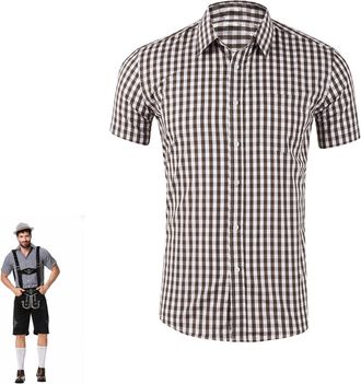 Generic Mens Oktoberfest Costume Authentic Bavarian Short Sleeve Checked Shirt in Traditional Plaid Design Slim Fit Check Shirts with Pocket and Turned Collar