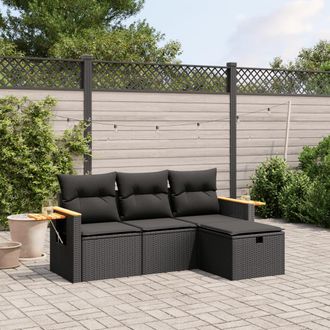 vidaXL Juego De Sof&aacute;s Jard&iacute;n 4 Pzas Con Cojines Rat&aacute;n Sint&eacute;tico Negro Vidaxl