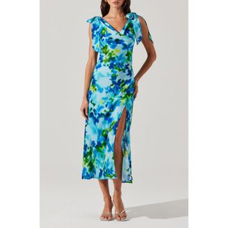 ASTR the Label Allexina Tie Shoulder Maxi Dress in Water Blue Print at Nordstrom Rack, Size Small