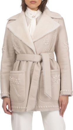Gorski Genuine Shearling Short Jacket with Embroidery, Belt in Cream/cream at Nordstrom, Size X-Small
