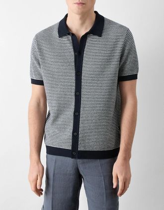 Oliver Sweeney Mens Oliver Sweeney Hessle Mens Knitted Cotton Short-Sleeved Shirt - Navy/Ecru - Size: 38/Regular