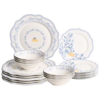 Beliani Vajilla De 24 Piezas De Porcelana Acabado Esmaltado Con Dise&ntilde;o De Hojas Para 8 Personas Comedor Cocina Blanco Y Azul Lovage