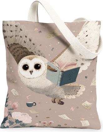Generic Owl Pattern Canvas Tote Bags, Artistic Bird Design Reusable Shopping Bags, Fall Vintage Lightweight Washable Shoulder Strap, Peach, 13x15 Inch