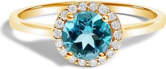 House of Brilliance 10K Gold Gemstone and 1/10 Cttw Diamond Halo Birthstone Ring in Yellow | Blue Topaz at Nordstrom, Size 6.5