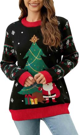 Generic Womens Christmas Jumpers - Xmas Knitted Reindeer Snowflake Print Jumper for Women UK, Novelty Pullover Sweater, Ugly Funny Christmas Jumpers - Crew Ne