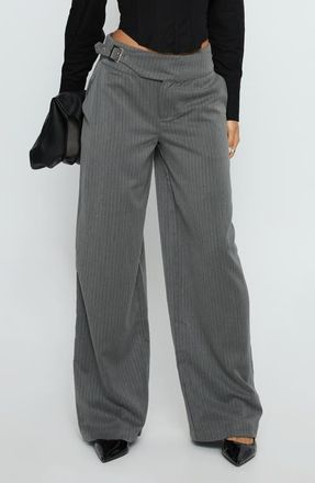 Princess Polly Jinny Pinstripe Buckle Waist Wide Leg Pants in Grey Pinstripe at Nordstrom, Size 6