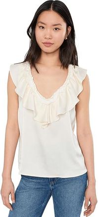 Liverpool L.A. Ruffle Front Sleeveless Woven To Knit Top Womens Clothing French Vanilla : LG, Cotton/Modal/Polyester