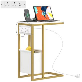 HOMCOM C Shaped Side Table - Faux Marble Bedside Table with Charging Station | TJ Hughes