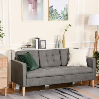 HOMCOM 3 Seater Sofa Button Tufted Fabric Couch Hidden Storage Rubberwood in Grey