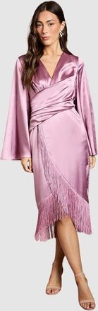 Coast V-Neck Fringe Wrap Midi Dress in Rose at Nordstrom, Size 12