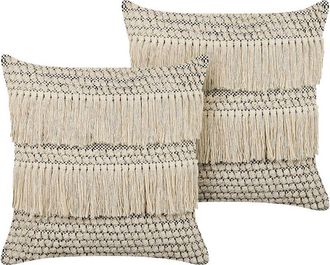 Beliani Conjunto De 2 Cojines De Algod&oacute;n Beige Negro 45 X 45 Cm Borlas Accesorio Iresine