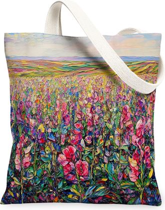 Generic Spring Sweet Pea Flower Canvas Tote Bag for Shopping 13x15, Florals Landscape Reusable Grocery Print Pattern Bag for Women, Nature Scenic Beach Aesthe