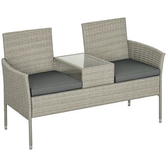 OUTSUNNY Rattan Garden Bench w/ Glass Tea Table - Wicker Chair w/ Cushions - Mixed Grey/Grey | TJ Hughes Grey