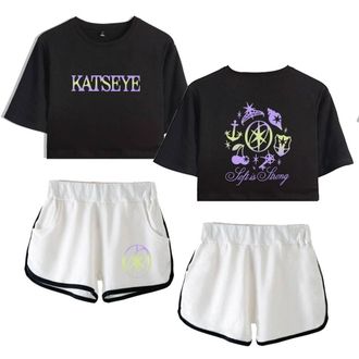 Generic Katseye Merch Soft is Strong Katseye Touch Tops Women Midriff-Baring Fitted Crop Sets Gym Shirt Short Pants (1,XS)