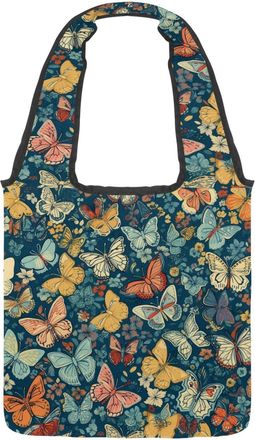 Generic Dancing Butterflies with Floral Reversible Canvas Shoulder Tote - Double-Sided Print, 12oz Cotton, 27cm Drop, Fold-Flat Bag for Travel, Shopping, Stre