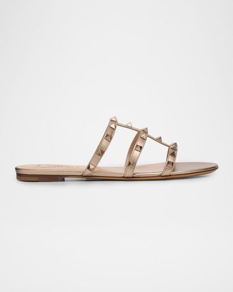 Valentino Garavani 5mm Rockstud Metallic Leather Flat Slide Sandals