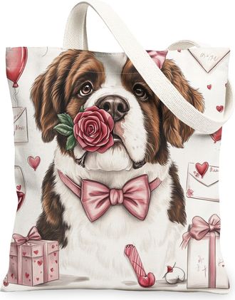 Generic Valentines Day Great Pyrenees Dog Canvas Tote Bag for Shopping 13x15, Fun Vintage Puppy Reusable Grocery Print Bag for Women, Lover Beach Aesthetic Pa