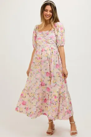 Pinkblush Floral Pleated Puff Sleeve Midi Dress in Lavender at Nordstrom, Size Medium