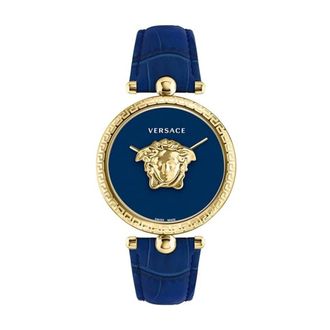 Versace Palazzo Blauw Goud Leren Horloge - Dames - Horloges - Geel - ONE Size - Accessoires
