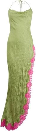 Roberto Cavalli Lange Zijden Jurk met Kant Details - Dames - Avondkleed - Groen - L - Kleedjes