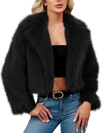 Generic Womens Short Faux Fur Coat Winter Long Sleeve Lapel Jackets Ladies Cropped Warm Open Front Cardigans Plush Thick Casual Outerwear Fluffy Comfy Elegant