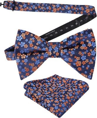 Alizeal Mens Floral Patterned Pre-tied Bow Tie and Hanky for Formal Wedding Business Party Natural Bow Tie Set, Navy+Orange