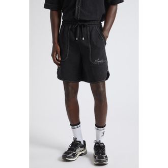 Amiri Script Garment Dyed Linen Blend Shorts in Black at Nordstrom, Size Xx-Large