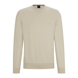 HUGO BOSS Hugo, Round-neck Knitwear, male, Beige, Size: 2XL Embroidered Cotton Sweater with Logo