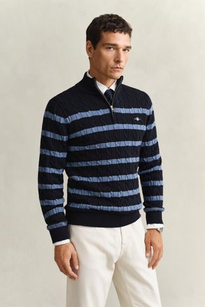 GANT Men Striped Cotton Cable Knit Half-Zip Sweater (XXXL) EVENING BLUE