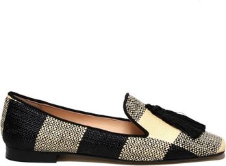 Prosperine Ivory Black Checkered Raffia Slipper With Silk Tassels