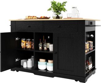 STILVORA Carro De Cocina Con 2 Cajones Y 6 Compartimentos, Ala Plegable Y Enchufes, Mdf Metal, Negro Natural, 151,5 X 59,7 X 91,7 Cm