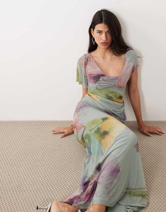 Asos Vestito lungo drappeggiato in rete blu a fiori con maniche asimmetriche